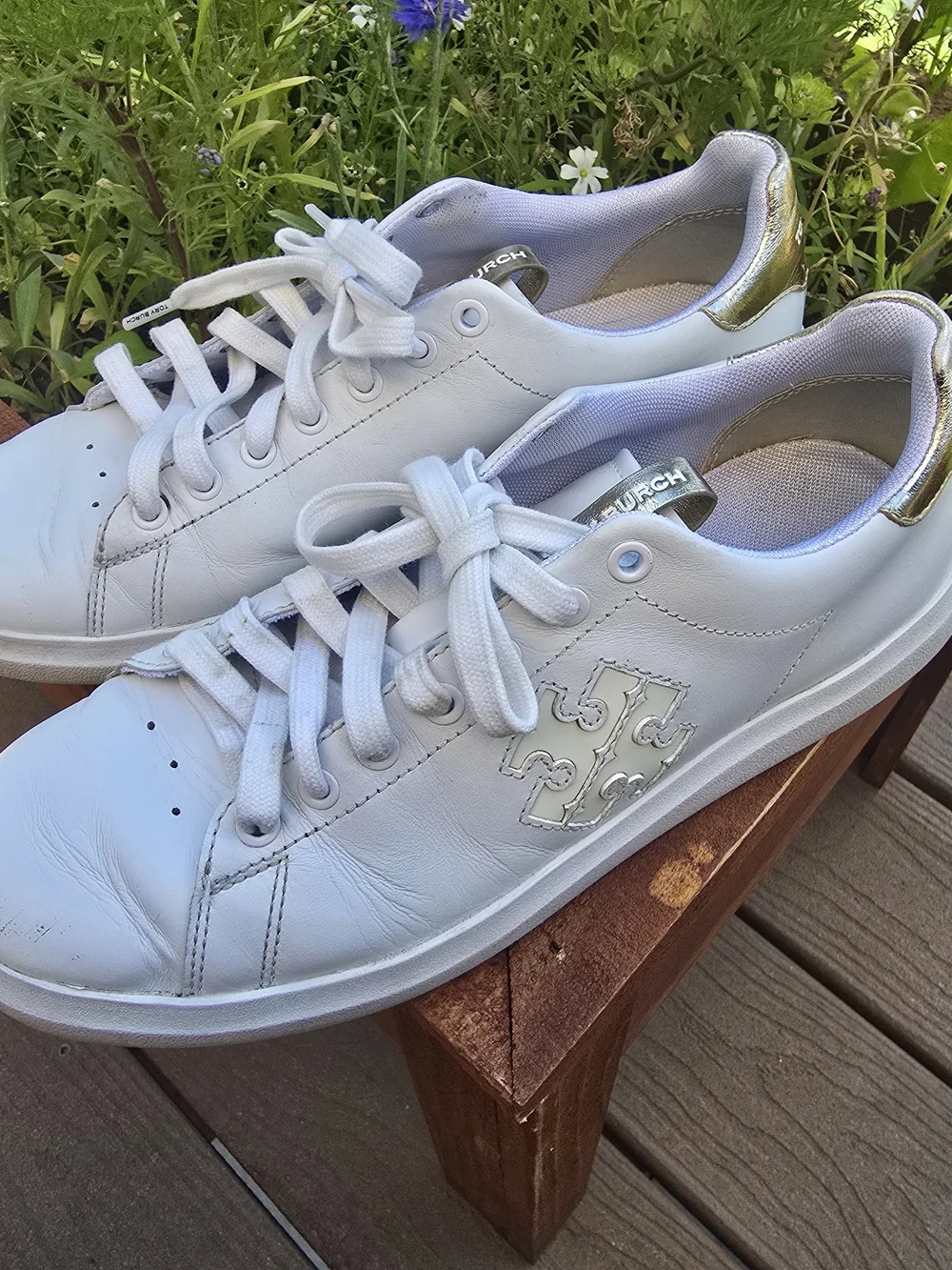 Tory Burch White Leather Sneakers with Gold Heel Detail